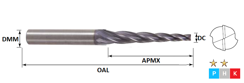 1.5mm 4 Flute (1 Taper Angle & 12mm Cut) Taper Rib Processing Pulsar Carbide End Mill